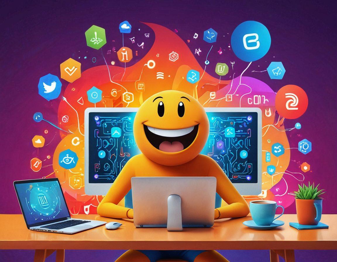 A cheerful, cartoonish character sitting in front of a computer, surrounded by colorful digital locks and shields representing cybersecurity. The character is smiling and holding a cup of coffee, symbolizing a blissful internet experience. A backdrop of a vibrant, secure digital landscape filled with safe icons and bright colors. super-realistic. vibrant colors. cartoon style.