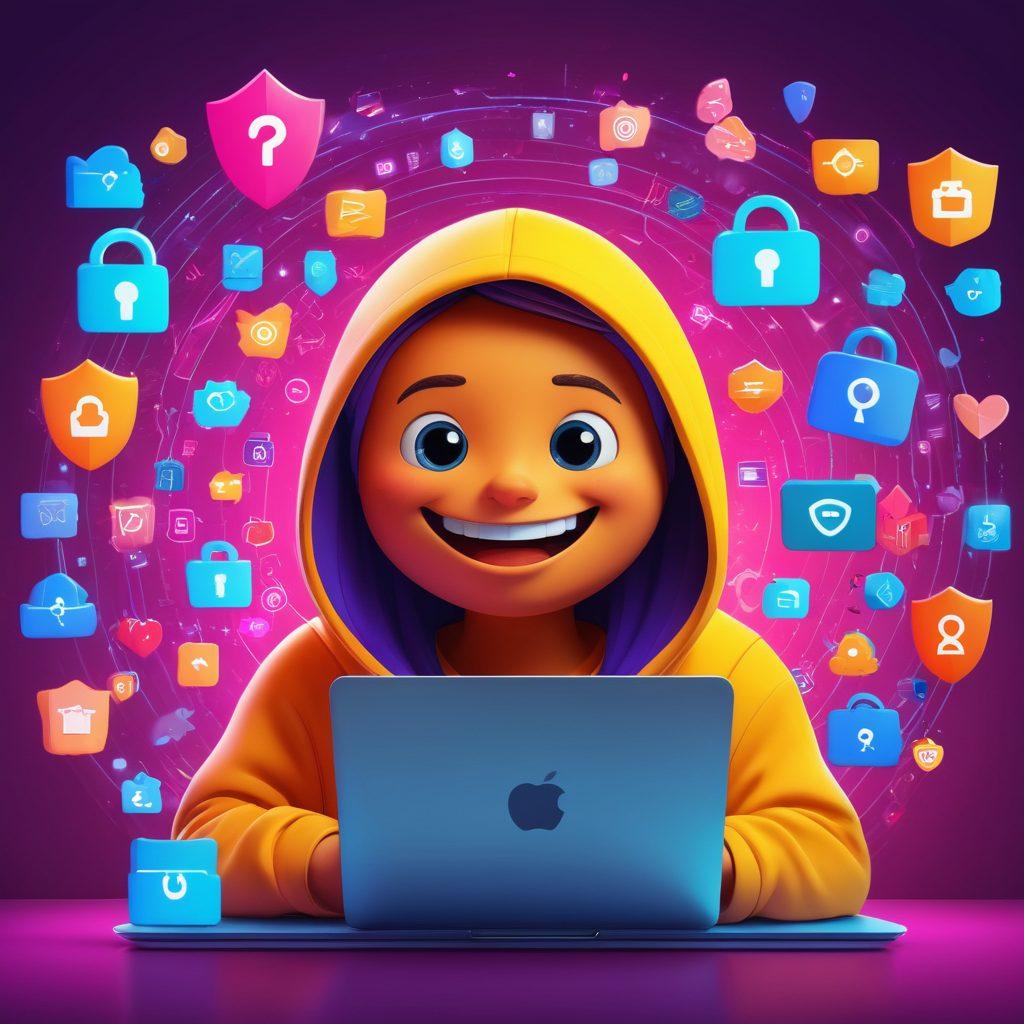 A cheerful character sitting at a laptop with a bright smile, surrounded by colorful digital shields and locks protecting a vibrant online world. Bright colors should convey joy and positivity, with playful icons representing cybersecurity concepts like XSS prevention. Create a fun, engaging atmosphere that emphasizes the importance of security while keeping a light-hearted tone. cartoon style. vibrant colors. digital art.