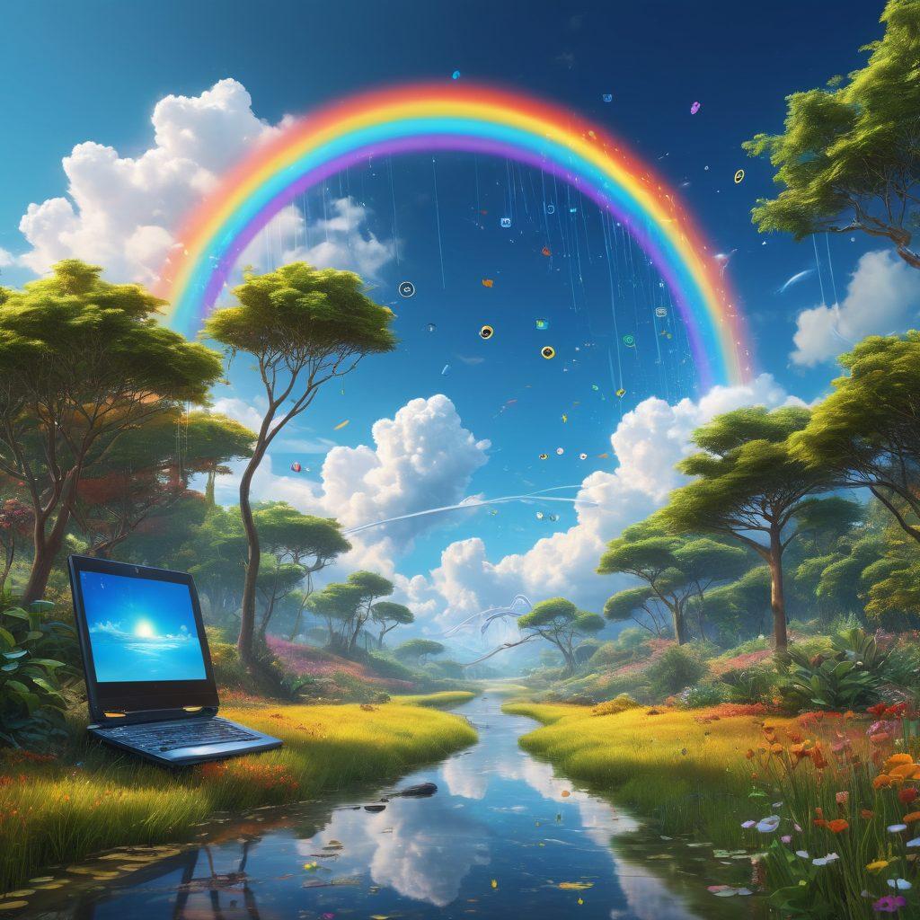 A serene digital landscape with a vibrant rainbow arching over a cyber shield, protecting various joyful elements like smiling emojis and colorful gadgets. In the background, a calm blue sky dotted with soft clouds represents a safe online space, while intricate binary code subtly flows like a stream, symbolizing the digital world. The scene includes a character happily interacting with their devices, showcasing the joy of safe digital experiences. super-realistic. vibrant colors. peaceful atmosphere.